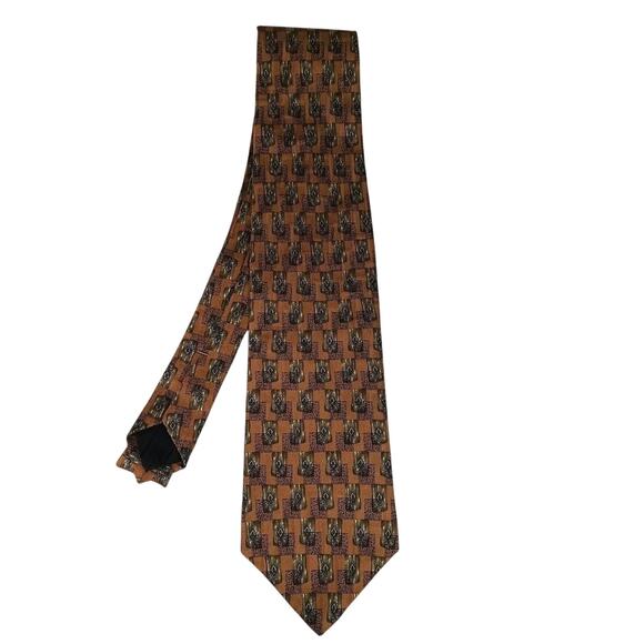 Ferrell Reed Neck Tie Brown Green Geometric Print 100% Silk 61x3.75 - Picture 1 of 5